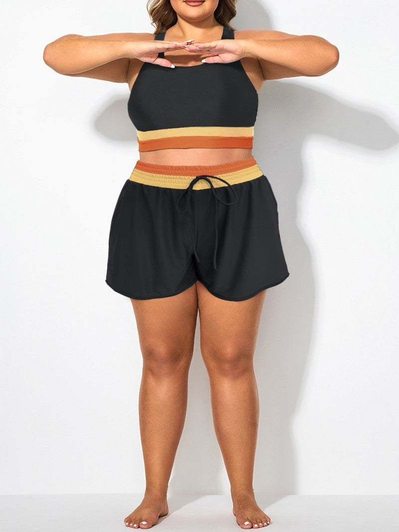 Plus-Size Colorblock Drawstring Swim Shorts