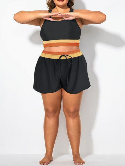 Plus-Size Colorblock Drawstring Swim Shorts
