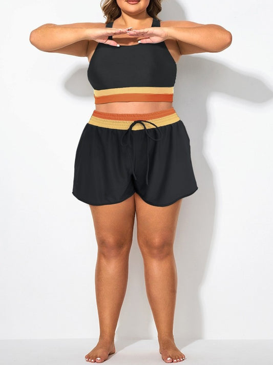 Plus-Size Colorblock Drawstring Swim Shorts