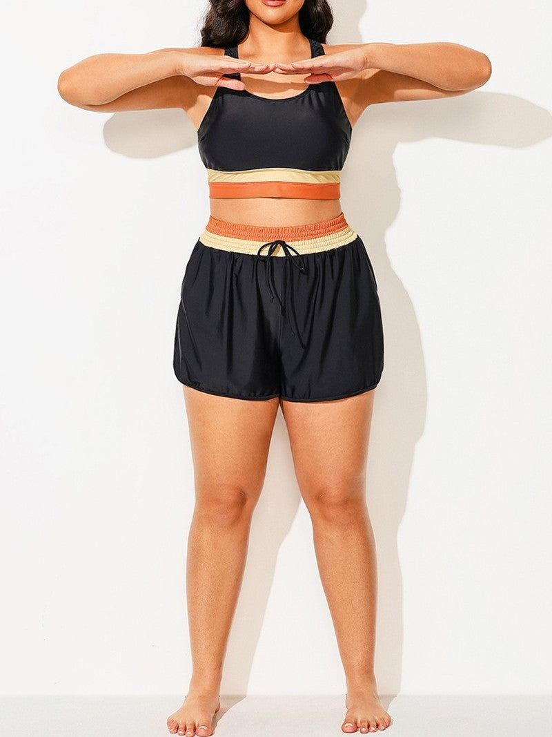 Plus-Size Colorblock Drawstring Swim Shorts