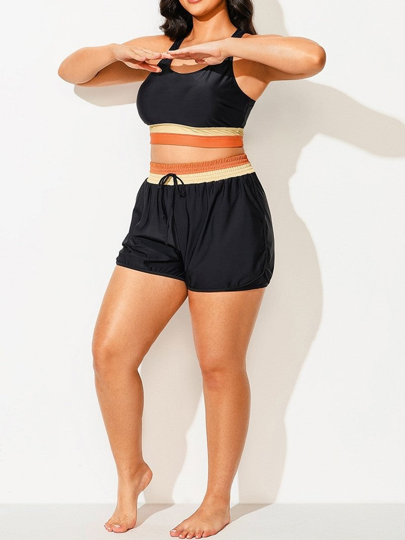 Plus-Size Colorblock Drawstring Swim Shorts