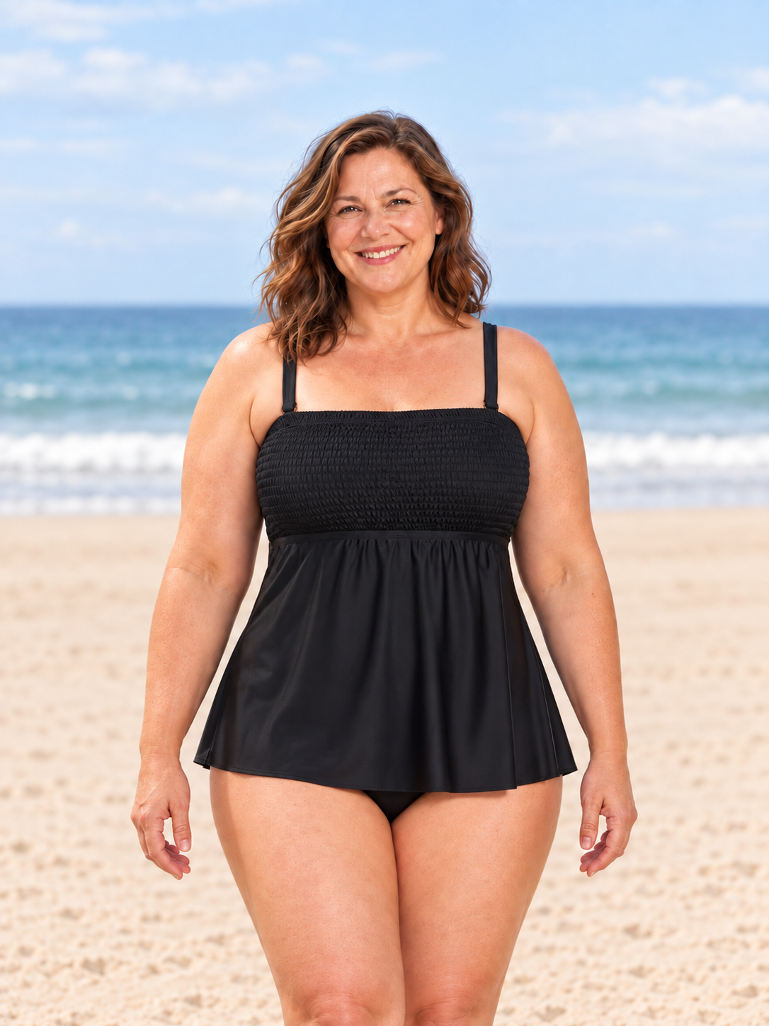 Plus Size Shirred Square-Neck Flowy Tankini Top
