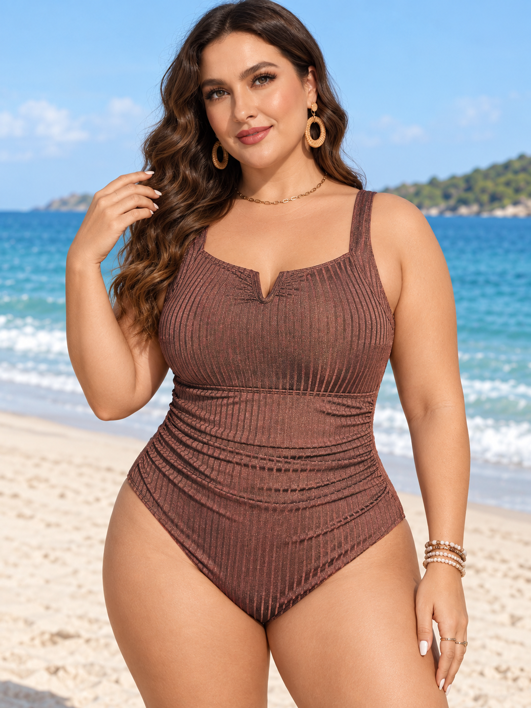 Plus-Size Ribbed Ruched Tummy-Control One-Piece Swimsuit