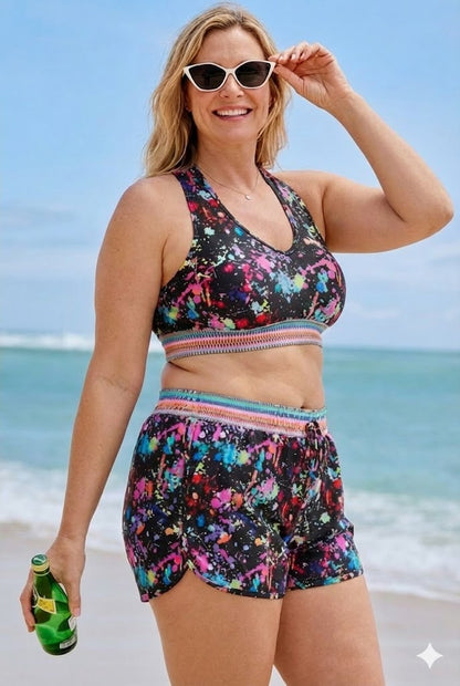 Plus-size women's quick-drying high-waisted two-piece bikini swimsuit